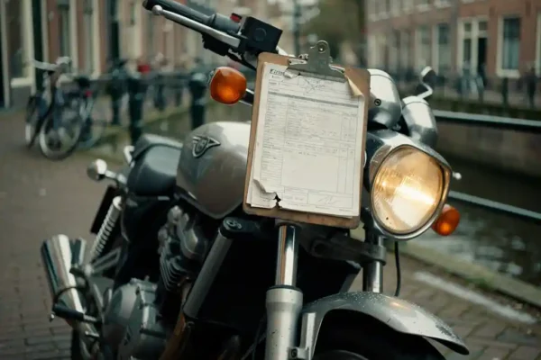 Beschadigde motorfiets op Nederlandse straat met inspectieklembord tegen de benzinetank, zacht bewolkt daglicht.
