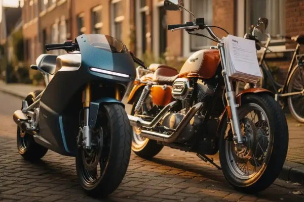 Elektrische motorfiets en klassieke benzinemotor naast elkaar op een zonnige Nederlandse straat, verzekeringsdocumenten zichtbaar.