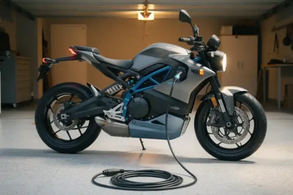 Elektrische motorfiets in moderne garage aangesloten op opgerold laadkabel, warm amberkleurig licht op betonnen vloer.