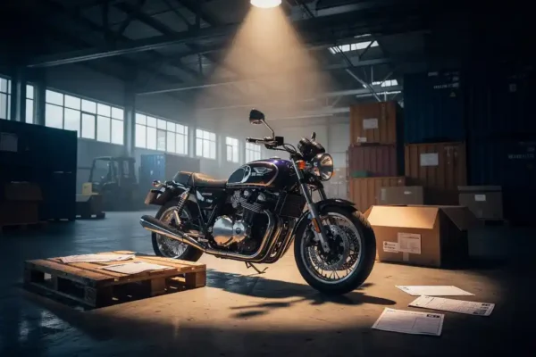 Geïmporteerde motorfiets zonder kenteken in Nederlandse pakhuisloods, verlicht door spotlight met chroom details en scheepskisten op achtergrond.