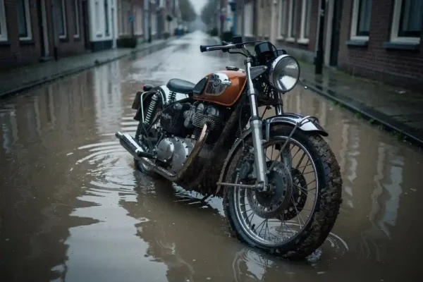 Klassieke motorfiets half ondergedompeld in troebel overstromingswater op een overstroomde Nederlandse straat, bewolkte lucht weerspiegeld in het water.