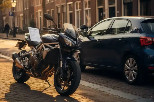 Glanzende motorfiets en compacte auto naast elkaar op een zonnige Nederlandse straat, met een verzekeringsdocument op het zadel.