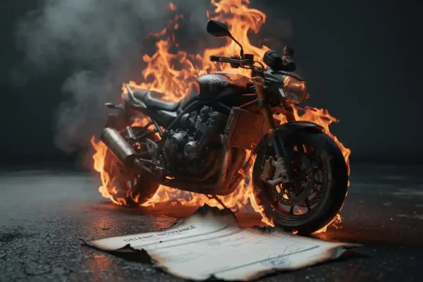 Brandende motorfiets op asfalt met oranje vlammen en rookwolken, verzekeringsdocument zichtbaar onder het wrak.