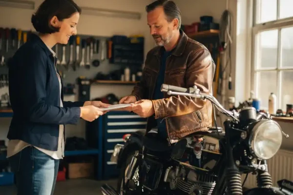 Motorrijder overhandigt ondertekend document aan koper naast klassieke motor in zonnige Nederlandse garage.