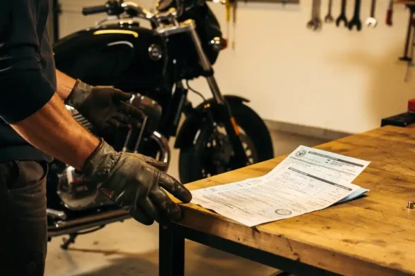 Motorrijder legt kentekenbewijs en aankoopbewijs naast zwarte motor op werkbank in garage, warm amberkleurig licht.