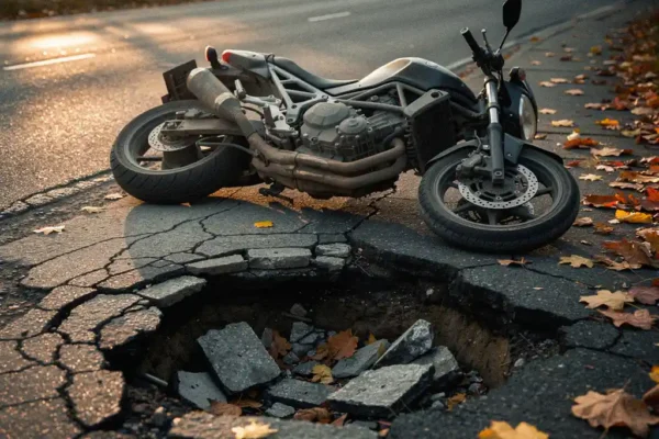 Omgevallen motorfiets op beschadigd asfalt met diepe kuil en herfstbladeren in warm middaglicht.