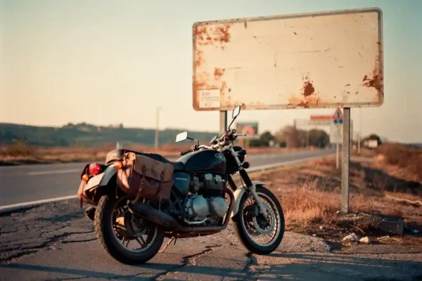 Motorfiets met versleten leren zadeltassen naast een vervaagd Europees grensbord in gouden middaglicht.
