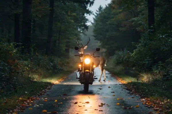 Motorrijder stopt op landelijke Nederlandse weg in de schemering, hert bevroren in koplamplicht te midden van herfstbos.