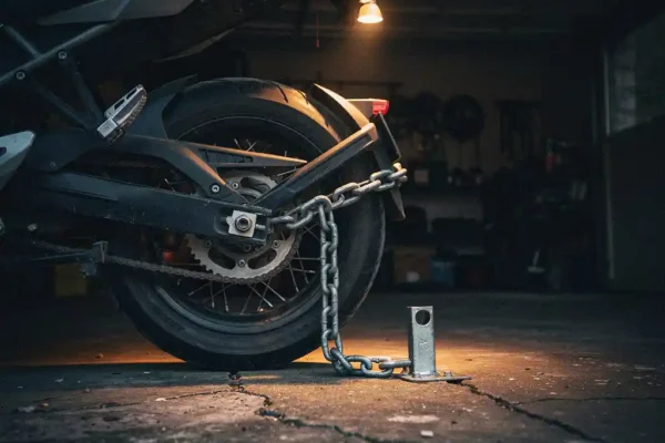 Motorfiets beveiligd met zware kettingslot door achterwiel, stalen grondanker op betonvloer in schemering garage.