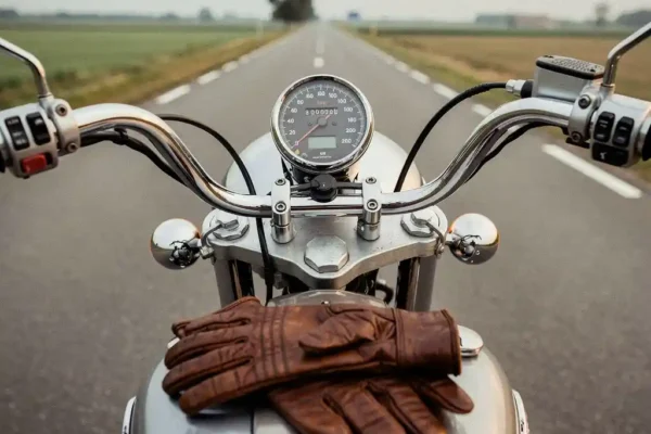 Motorfiets odometer met hoge kilometerstand op klassieke cruiser, geparkeerd op een Nederlandse landweg met versleten leren handschoenen op de tank.