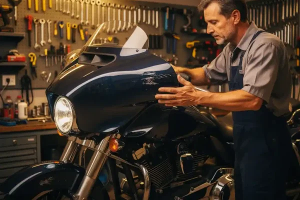 Motormonteur inspecteert beschadigde toermotor in professionele werkplaats met gereedschapswanden en warm amberkleurig licht.