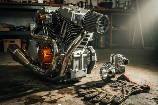Gedemonteerde motorfietsmotor met aangepaste uitlaat en chromen tuningonderdelen op olievlekkerige garagevloer, versleten werkhandschoenen ernaast.