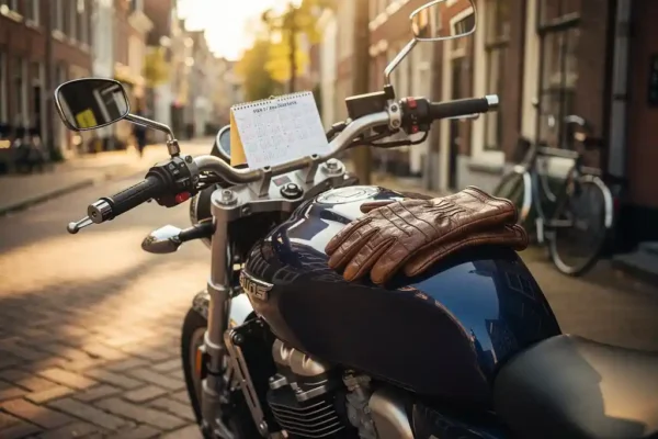 Glanzende marineblauwe motorfiets op een zonnige Nederlandse straat met versleten leren handschoenen op de tank en een kalender aan het stuur.