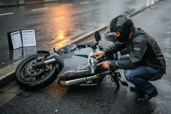 Gevallen huurmotor op nat asfalt met berijder die schade inspecteert en verzekeringsdocument op stoeprand.