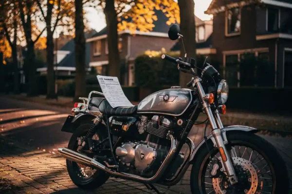 Nieuw geregistreerde motorfiets op een Nederlandse straatklinkerweg met gemeentelijk kentekenbewijs op het zadel, herfstlicht door iepen.