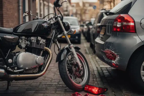 Motor geparkeerd naast auto met verse kras op bumper en gebroken rood achterlicht op Amsterdamse kinderkopjesstraat.