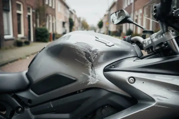 Geparkeerde motorfiets op Nederlandse straat met verse krassen, gedeukte kuip en gebarsten zijspiegel in bewolkt daglicht.