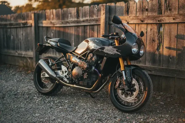 Motorfiets met zichtbare kras op de kuip leunend tegen een verweerde houten omheining op een privé-oprit in middagzon.