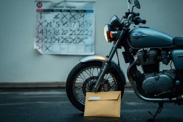 Motorfiets met chromen carrosserie buiten geparkeerd, verzegelde claims envelop tegen het voorwiel, kalender met afgestreepte dagen op de achtergrond.
