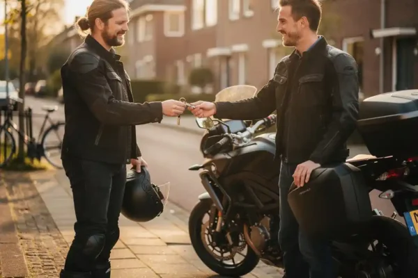 Motorrijder overhandigt sleutels aan vriend naast geparkeerde toermotor op zonnige Nederlandse straat.