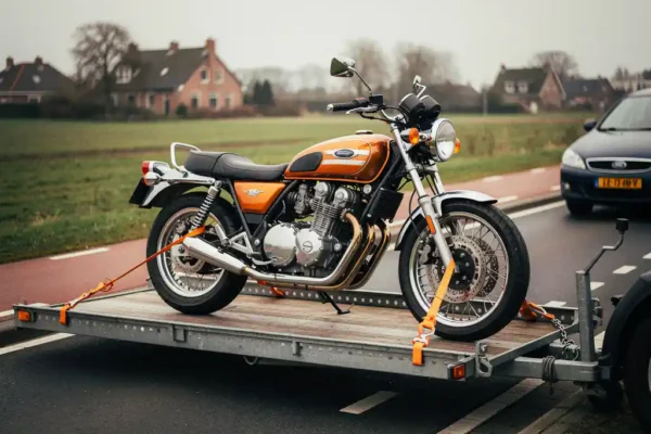 Motorfiets vastgezet met oranje spanriemen op een aanhangwagen langs een Nederlandse weg, klaar voor transport.