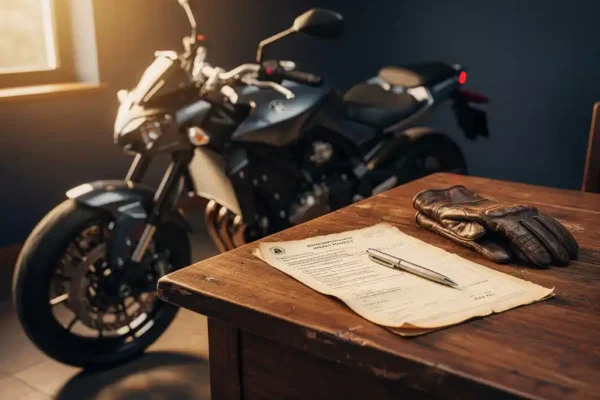 Motorfiets naast een houten bureau met een open verzekeringspolis, pen en leren rijhandschoen in warm amberkleurig licht.
