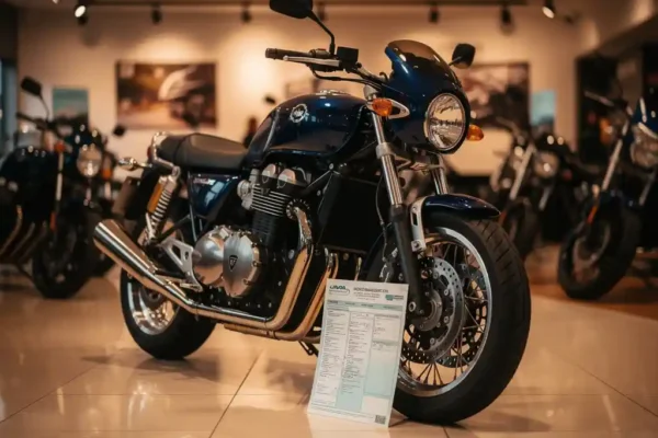 Glanzende motorfiets in showroom met verzekeringsdocument tegen het voorwiel, chromen details in warm amber licht.