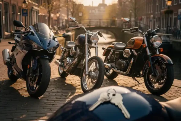 Drie motorfietsen — sportbike, chopper en klassieke cruiser — geparkeerd op een zonnig Hollands keistraatje met sleutels op het dichtstbijzijnde benzinetank.