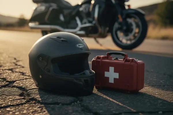 Motorhelm en EHBO-kit op verweerd asfalt, met een toermotor op de achtergrond in warm middaglicht.