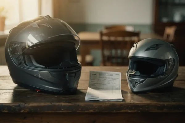 Motorhelm en kleinere helm op houten tafel met een verzekeringsdocument ertussen, zacht natuurlijk licht.