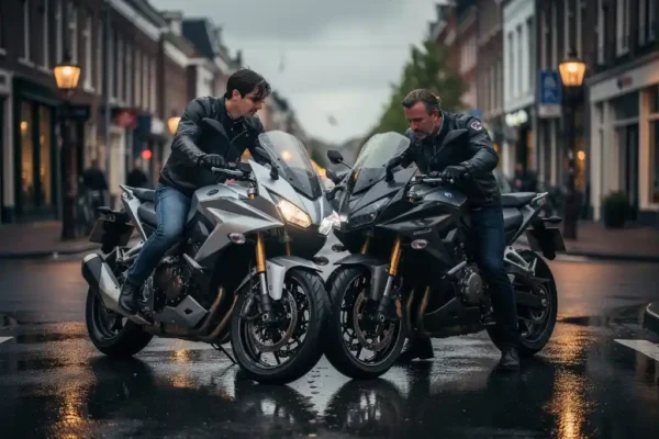 Twee motorrijders onderzoeken schade na botsing op nat Nederlands stadsstraatje, verkreukeld zijpaneel zichtbaar, bewolkt weer.