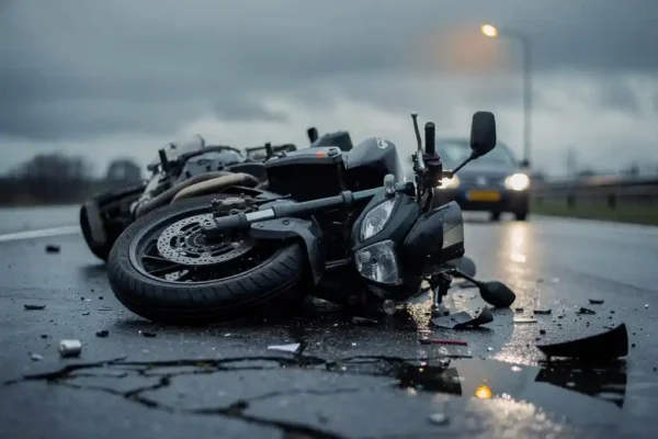 Omgevallen motorfiets op nat Nederlands wegdek na aanrijding, met een tweede voertuig vaag zichtbaar op de achtergrond.