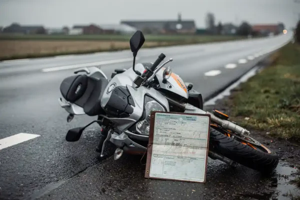 Beschadigde motorfiets op zijn zij op een natte Nederlandse wegberm, met verkreukelde carrosserie en een verzekeringsdocument ertegenaan.