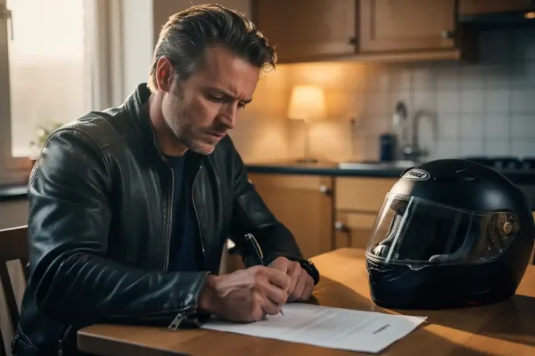 Gefrustreerde motorrijder in leren jack aan keukentafel met afwijzingsbrief en motorhelm, pen in hand klaar om bezwaar te maken.