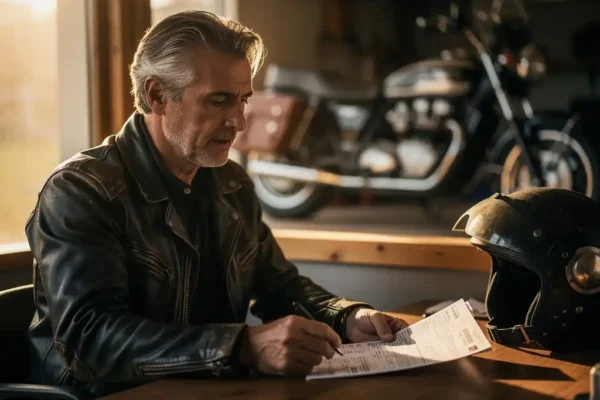 Ervaren motorrijder met grijs haar bekijkt motorverzekeringsdocument aan houten bureau, vintage motorhelm en toermotor op achtergrond.