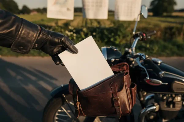 Motorrijder stopt verzekeringsdocument in leren zadeltas bij klassieke Nederlandse motor op zonnige landweg.
