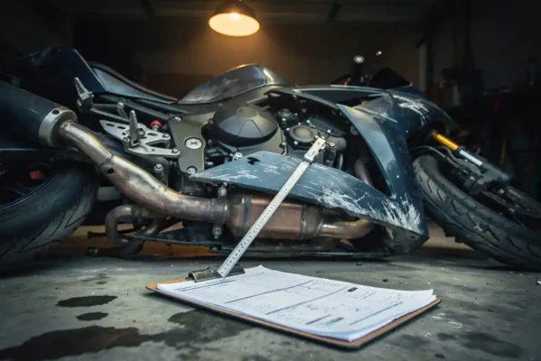 Beschadigde motorfiets op garagevloer met inspectieklembord en meetgereedschap op verkreukelde carrosserie, verlicht door amberkleurige werklamp.
