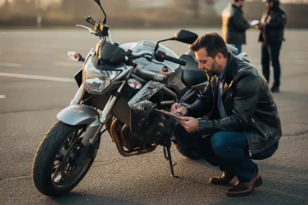 Verzekeringsexpert inspecteert beschadigde motorfiets op parkeerterrein, clipboard in hand, verkreukelde carrosserie en bekraste tank in middaglicht.