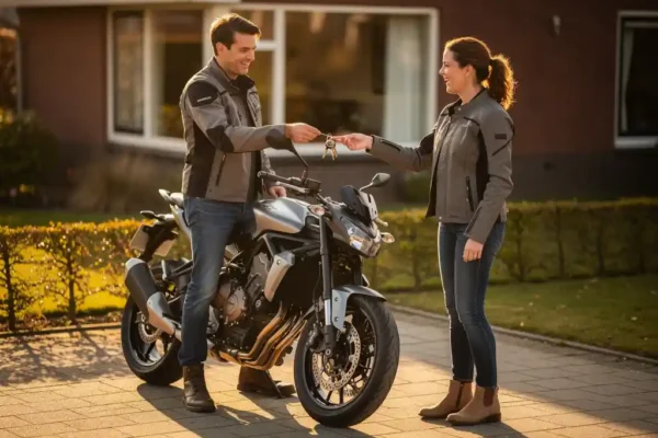 Stel in rijkleding dat motorsleutels overdraagt op zonnige Nederlandse oprit, gouden uurtje licht en bakstenen woning op achtergrond.
