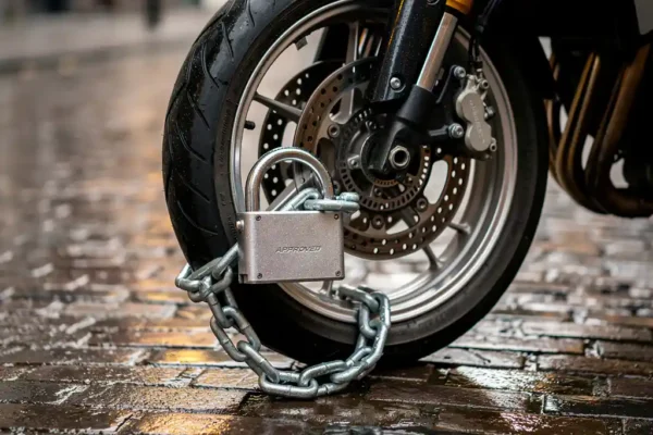Goedgekeurd motorslot en ketting om een motorfietswiel op een regennat Amsterdams straatje met klinkers op de achtergrond.