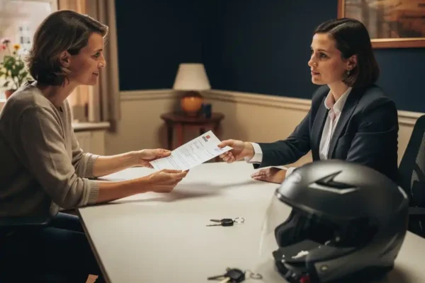 Familielid overhandigt getekend document aan motorverzekering adviseur, met helm en sleutels op bureau in warm verlicht kantoor.