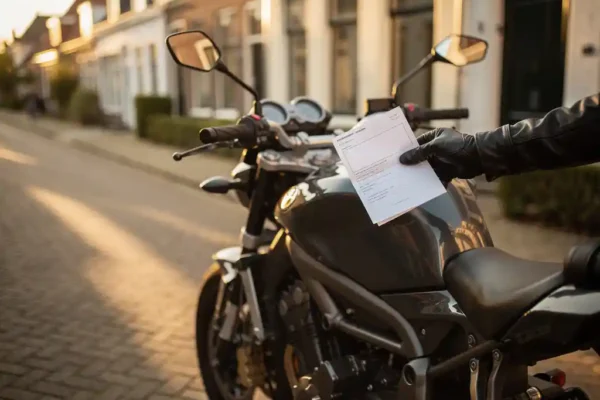Motorrijder houdt gevouwen verzekeringsdocument naast brandstoftank op rustige Nederlandse straat in middagzon.