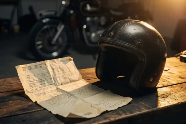 Verfrommeld verzekeringsdocument naast motorhelm op verweerde werkbank, klassieke Nederlandse toermotor zichtbaar op de achtergrond.