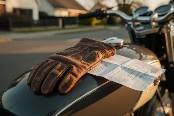 Verweerde leren motorhandschoen op brandstoftank naast verzekeringsdocument, klassieke Nederlandse motor op achtergrond in zachte bokeh.