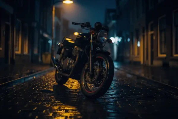 Verlaten motorfiets onder oranje straatlantaarn op natte Hollandse klinkerstraat 's nachts, scheef geparkeerd met regenreflecties op het wegdek.