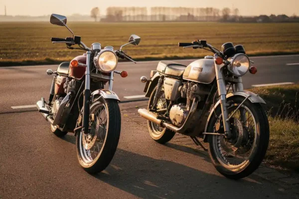 Nieuwe glanzende motorfiets naast een verweerde tweedehands motor op een Nederlandse weg in herfstig middaglicht.