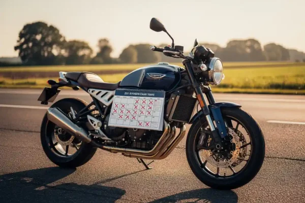 Glanzende motorfiets op Nederlandse weg met kalender tegen de tank, symboliseert schadevrije jaren en no-claimkorting.