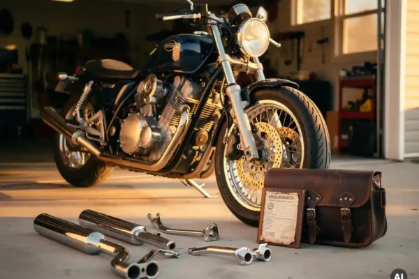 Aangepaste motorfiets in verlichte garage met chromen uitlaten, stuurverhogers, leren zadeltassen en verzekeringsdocumenten tegen het achterwiel.