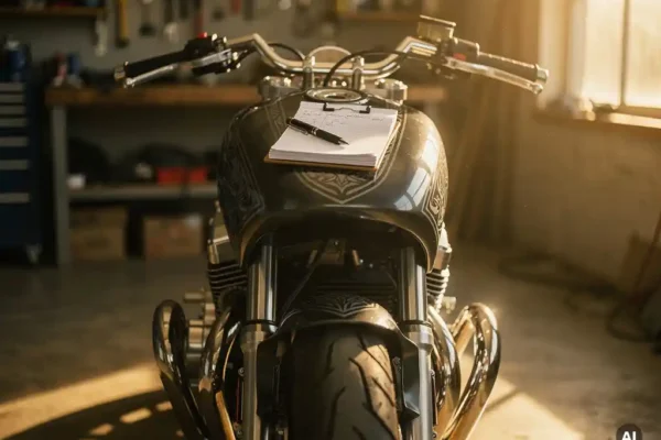 Aangepaste motorfiets met chromen uitlaten en custom lak in zonnige garagewerkplaats, notitieboekje op de benzinetank.