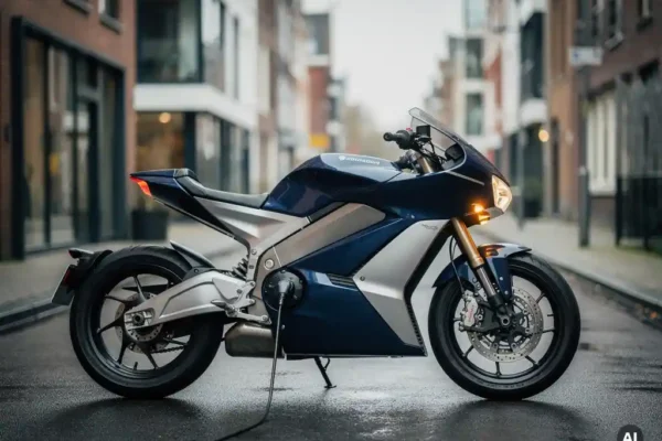 Elektrische motorfiets in midnight blue en zilver op een stedelijke straat, opgeladen via kabel, Nederlandse architectuur op de achtergrond.